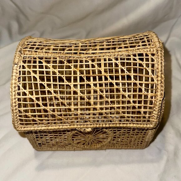 Vintage Folk Art Wicker Woven Basket Trinket Box-Boho Wicker Rattan 6x5-HD116 - Picture 3 of 8